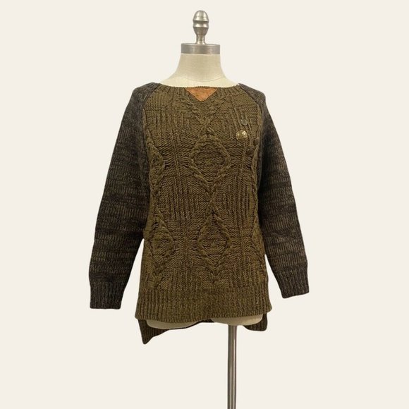 Artisan de Luxe Sweaters | Artisan de Luxe Cable Knit Sweater Green Women's Medium Pullover Elbow Patch | Color: Brown/Green | Size: M | Momtofive1209